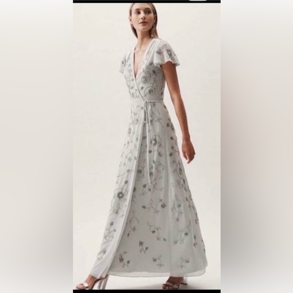 BHLDN Elegant Gray / blue wrap Maxi Dress - Picture 1 of 16